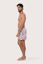 Front view of the Paco Swim Trunk in Lobster and Sea White print by By The Sea Bali