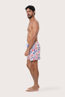 Front view of the Paco Swim Trunk in Lobster and Sea White print by By The Sea Bali