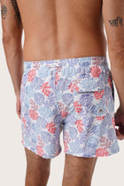 Men's beachwear styling featuring the Paco Swim Trunk in Pastel Coral Light Blue by By The Sea Bali