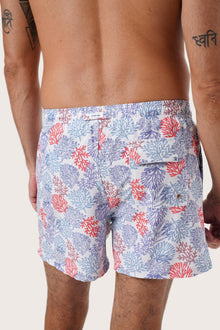 Men's beachwear styling featuring the Paco Swim Trunk in Pastel Coral Light Blue by By The Sea Bali