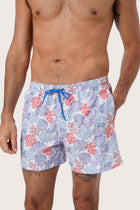 Side view of the Paco Swim Trunk in Pastel Coral Light Blue with elastic waistband detail by By The Sea Bali