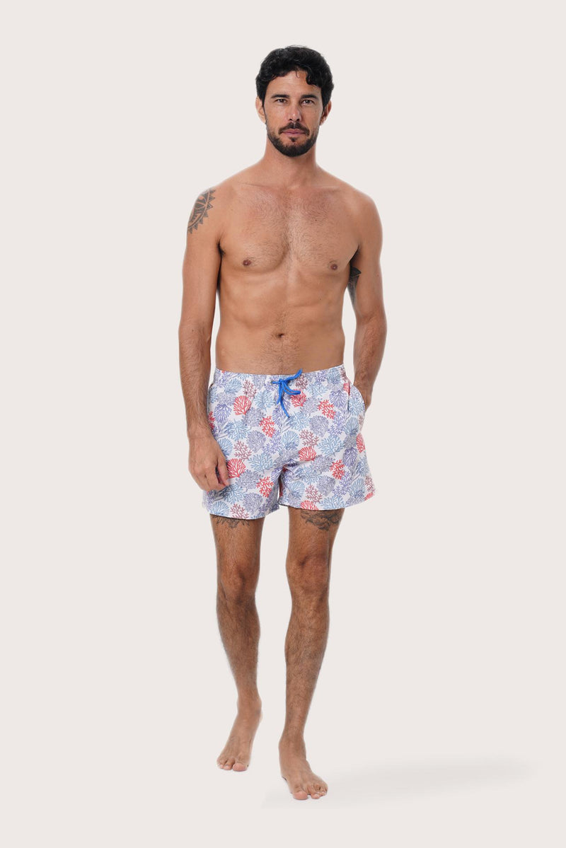 By The Sea Bali Paco Swim Trunk in Pastel Coral Light Blue — quick-dry men's swim shorts in a soft coral print