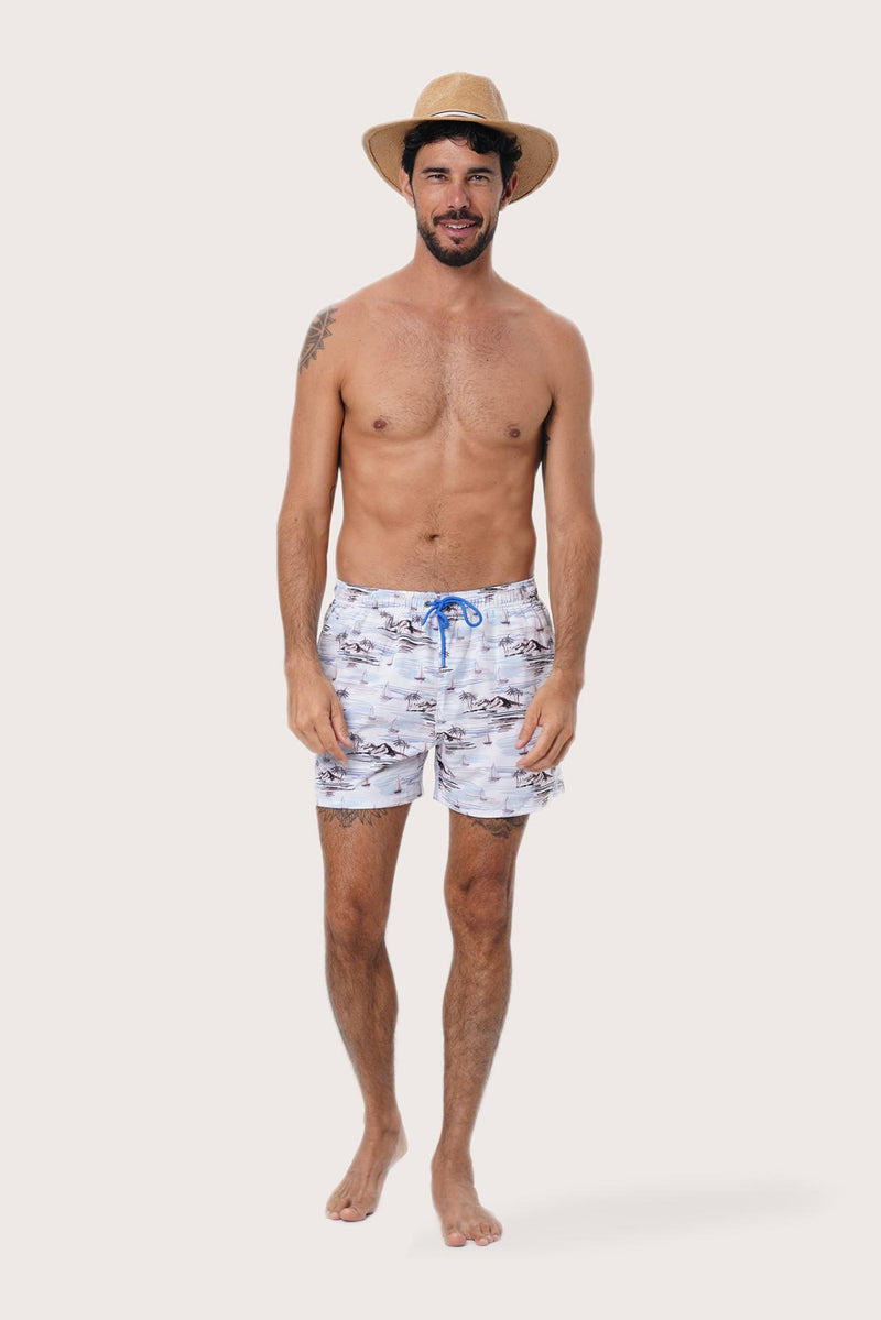 By The Sea Bali Paco Swim Trunk in Ship and Island Light Blue — quick-dry men's swim shorts in a nautical print