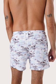 Men's beachwear styling featuring the Paco Swim Trunk in Ship and Island Light Blue by By The Sea Bali