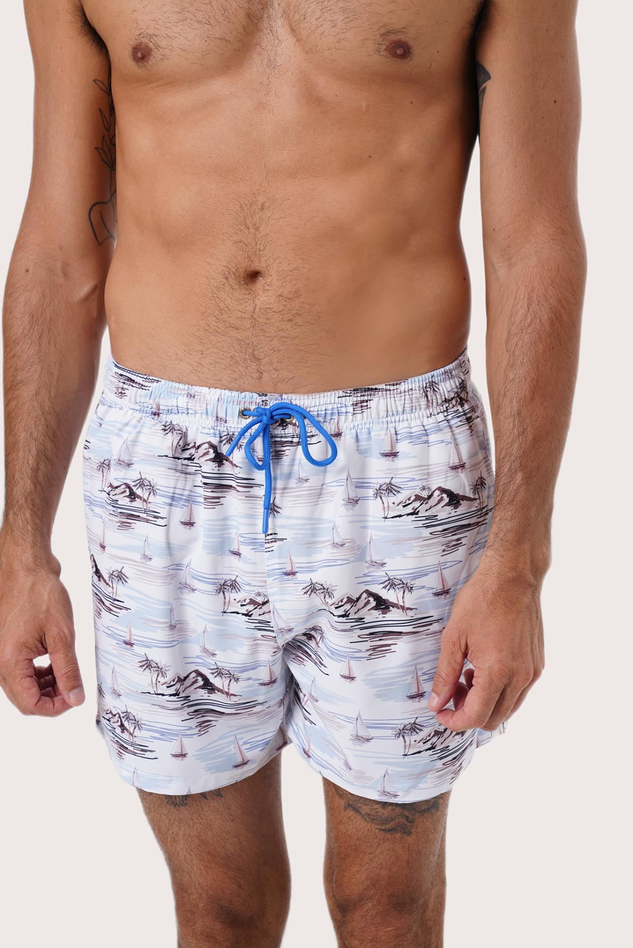 Side view of the Paco Swim Trunk in Ship and Island Light Blue with elastic waistband detail by By The Sea Bali