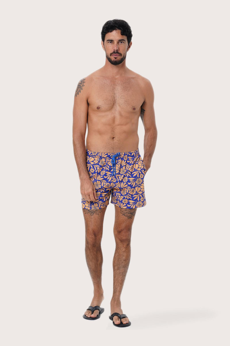 By The Sea Bali Paco Swim Trunk in Spring Flora Orange — quick-dry men's swim shorts in a vibrant floral print