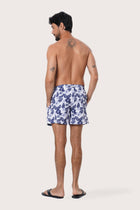 Close-up of the Summer Palm print on the Navy Paco Swim Trunk by By The Sea Bali