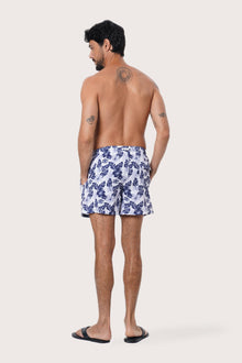 Close-up of the Summer Palm print on the Navy Paco Swim Trunk by By The Sea Bali