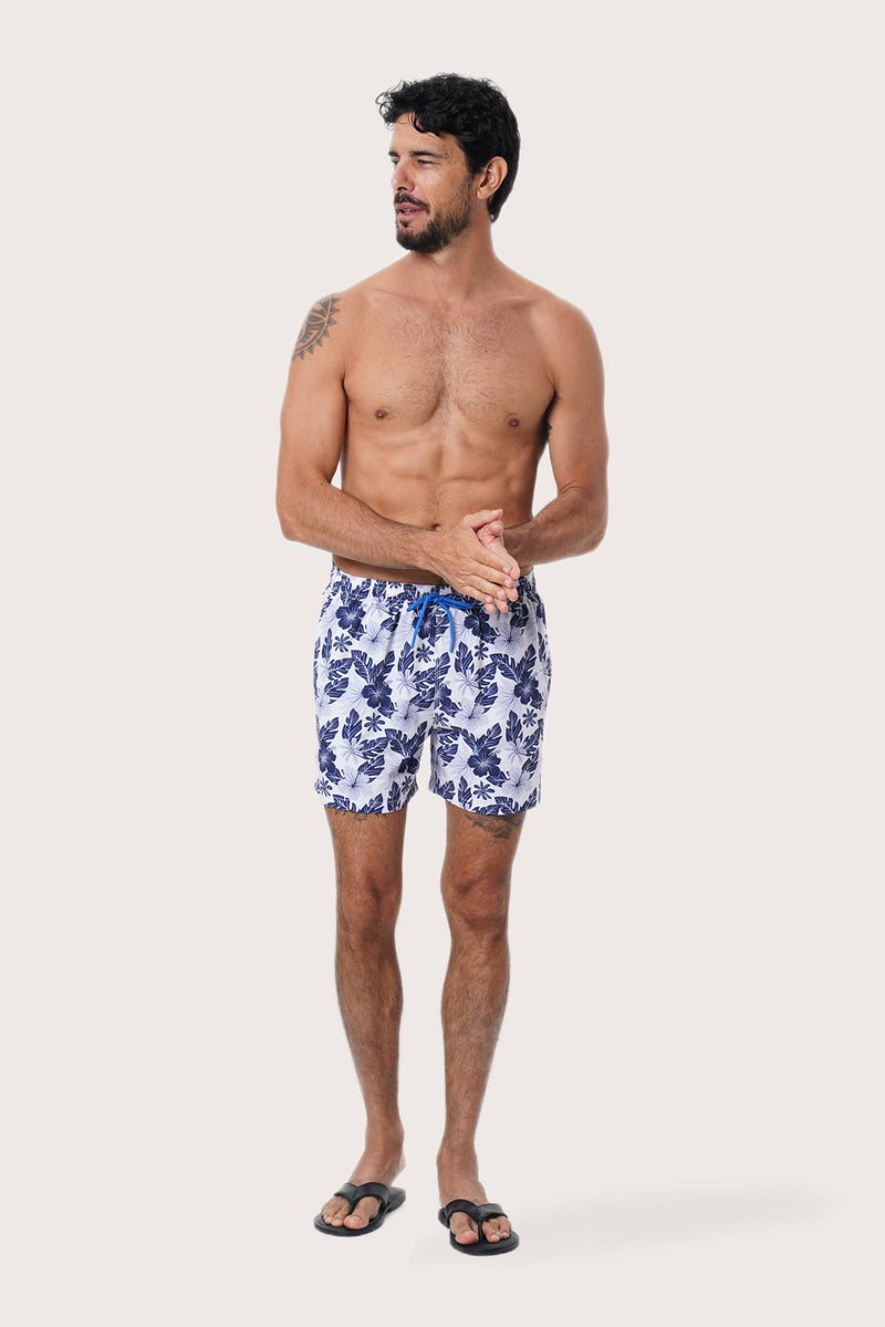By The Sea Bali Paco Swim Trunk in Summer Palm Navy — quick-dry men's swim shorts in a tropical palm print
