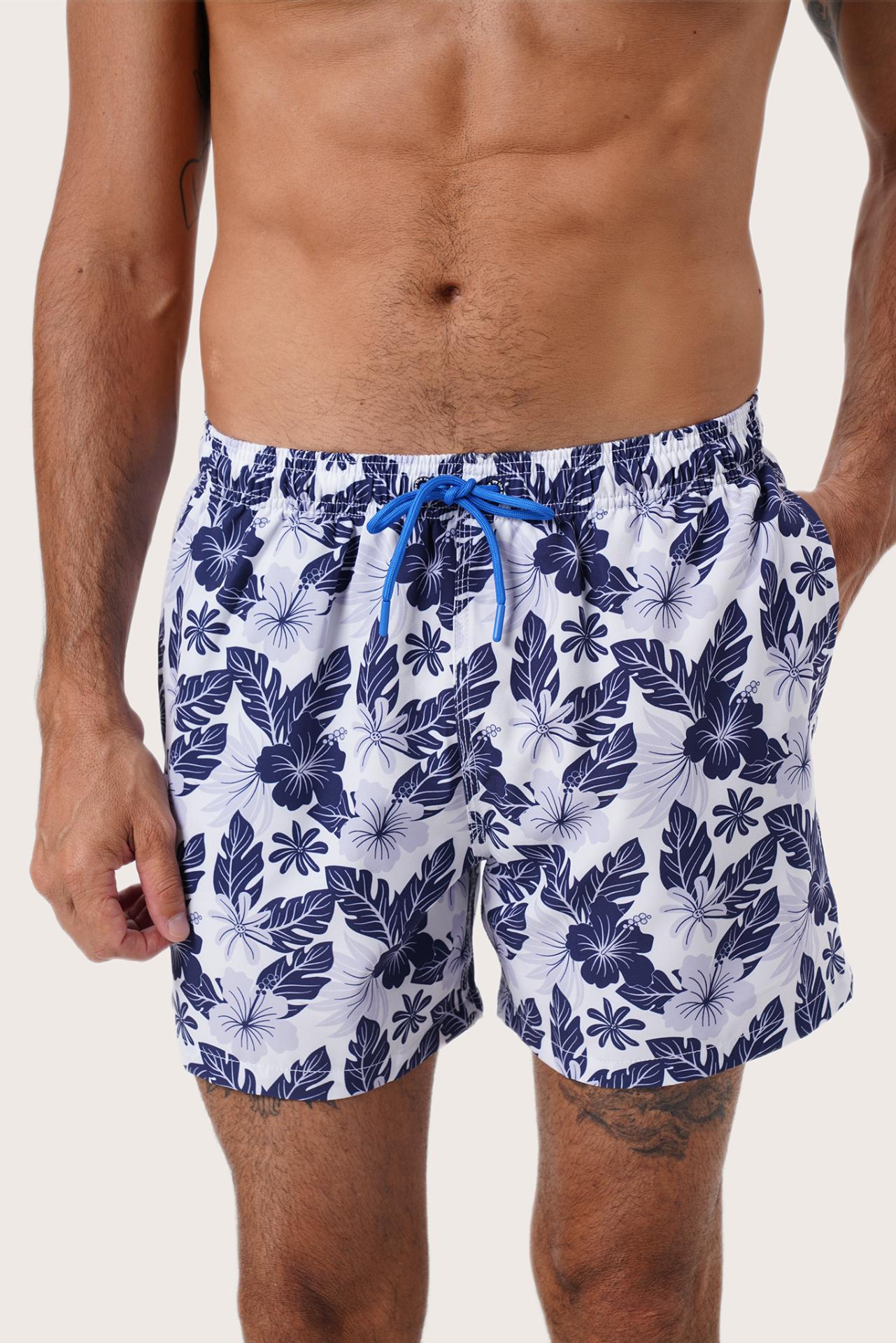 Side view of the Paco Swim Trunk in Summer Palm Navy with elastic waistband detail by By The Sea Bali