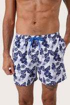 Side view of the Paco Swim Trunk in Summer Palm Navy with elastic waistband detail by By The Sea Bali