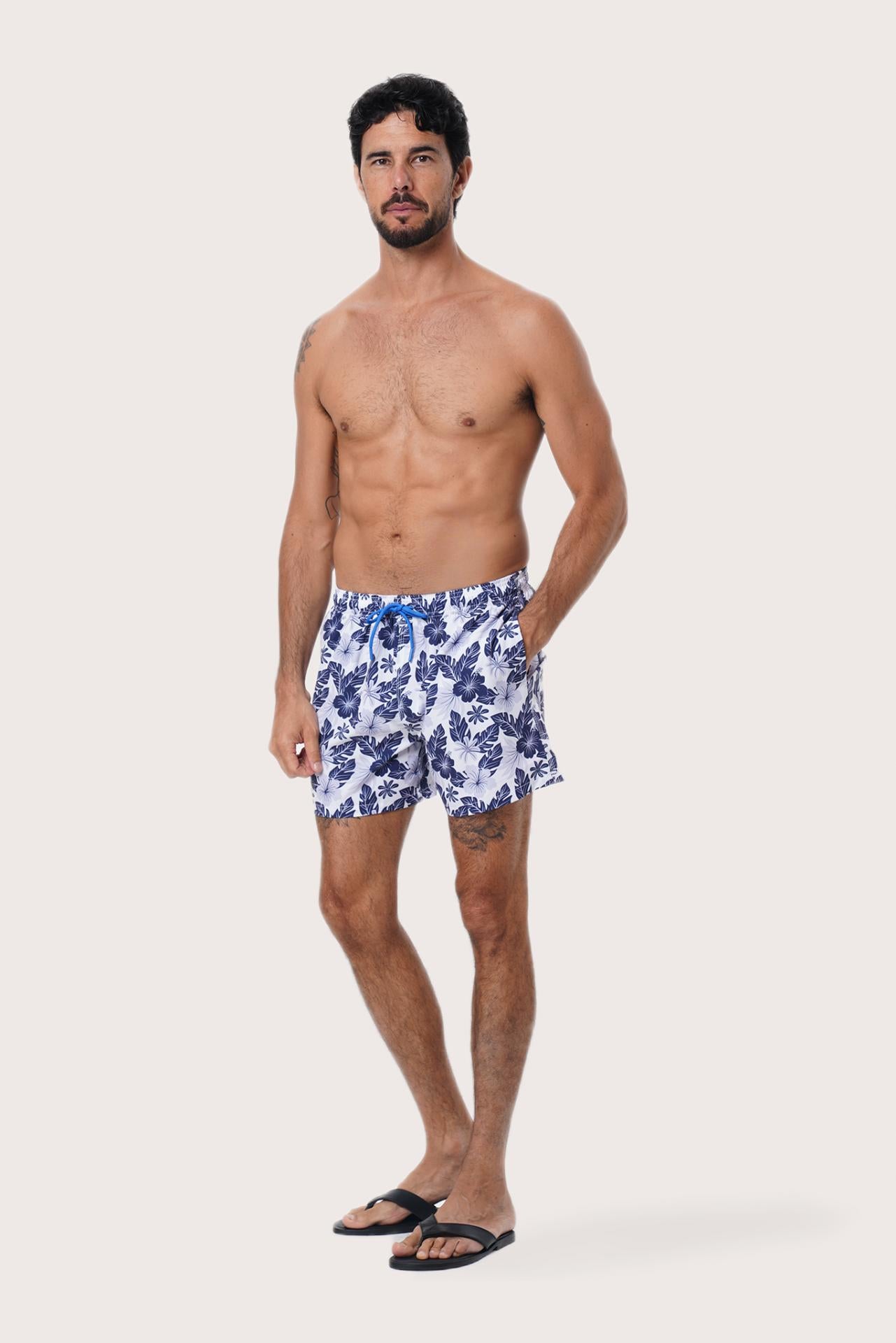 Front view of the Paco Swim Trunk in Summer Palm Navy print by By The Sea Bali