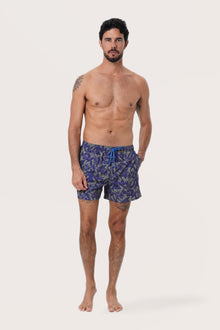 Side view of the Paco Swim Trunk in Tropic Garde Blue with elastic waistband detail by By The Sea Bali
