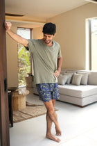 Front view of the Paco Swim Trunk in Tropic Garde Blue print by By The Sea Bali