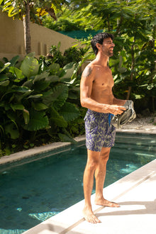 By The Sea Bali Paco Swim Trunk in Tropic Garde Blue — quick-dry men's swim shorts in a lush tropical print