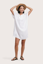 Front view of the Padar Linen Dress White showcasing its silhouette and relaxed fit
