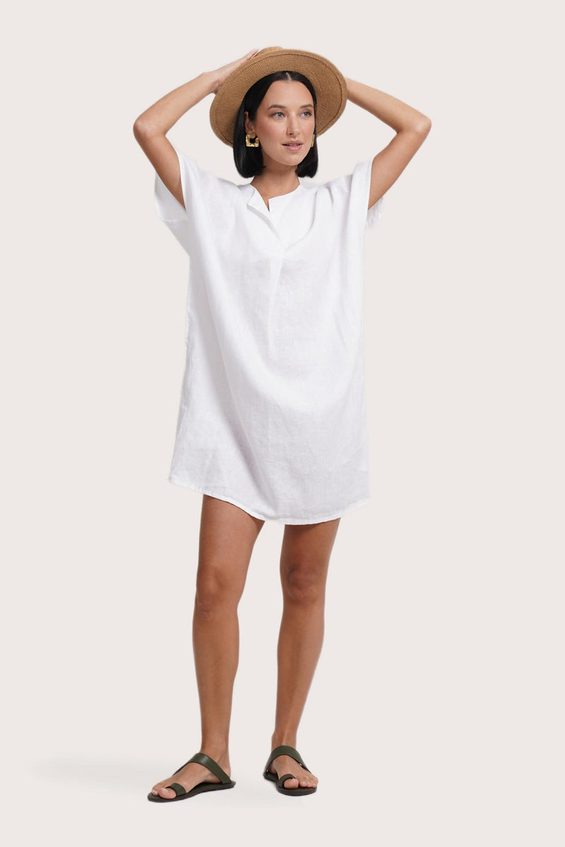 Front view of the Padar Linen Dress White showcasing its silhouette and relaxed fit