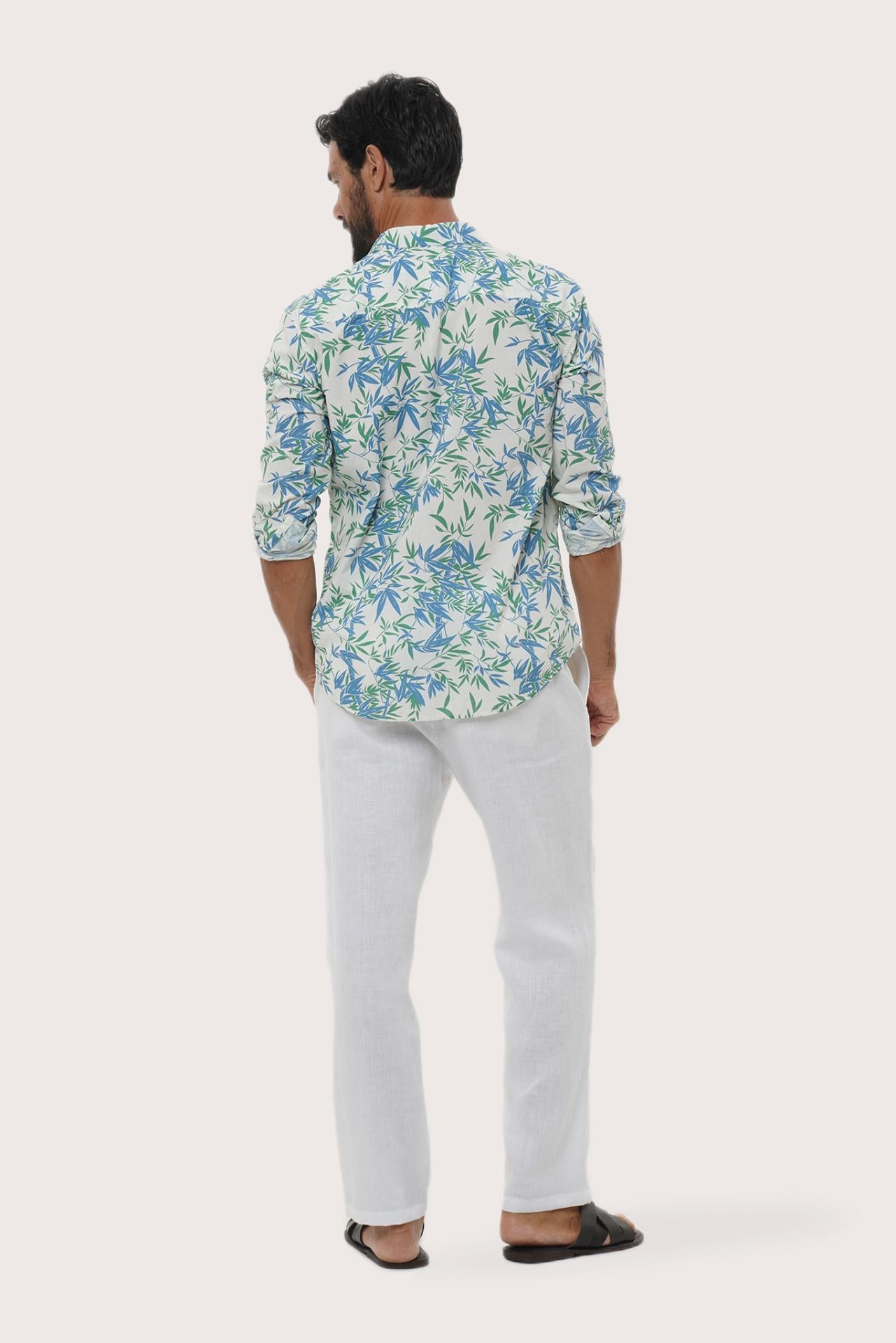 Side profile of the Panta Cotton Shirt in Autumn Blue showing its relaxed fit by By The Sea Bali
