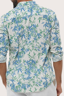 Men's resortwear styling featuring the Panta Cotton Shirt in Autumn Blue Bamboo Spring Blue by By The Sea Bali
