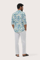 Close-up of the Bamboo Spring Blue botanical print on the Panta Cotton Shirt by By The Sea Bali