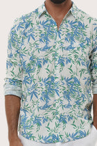 Collar and button-front detail of the Panta Cotton Shirt in Bamboo Spring Blue by By The Sea Bali