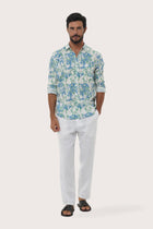 By The Sea Bali Panta Cotton Shirt in Autumn Blue Bamboo Spring Blue — soft cotton shirt in a botanical bamboo print