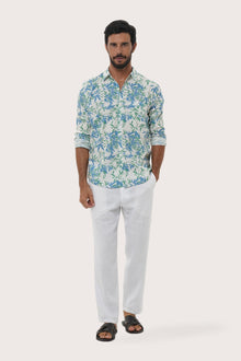 By The Sea Bali Panta Cotton Shirt in Autumn Blue Bamboo Spring Blue — soft cotton shirt in a botanical bamboo print