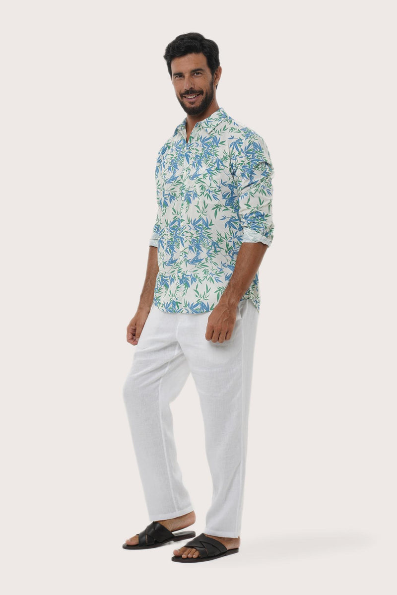 Front view of the Panta Cotton Shirt in Autumn Blue Bamboo Spring Blue print by By The Sea Bali