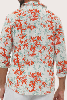 Collar and button-front detail of the Panta Cotton Shirt in Bamboo Spring Red by By The Sea Bali