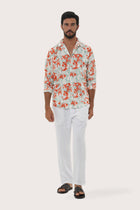 By The Sea Bali Panta Cotton Shirt in Autumn Blue Bamboo Spring Red — soft cotton shirt in a botanical bamboo print