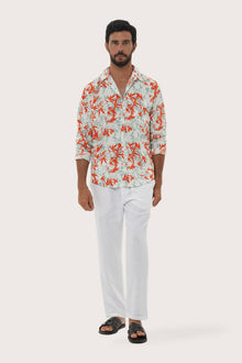 By The Sea Bali Panta Cotton Shirt in Autumn Blue Bamboo Spring Red — soft cotton shirt in a botanical bamboo print