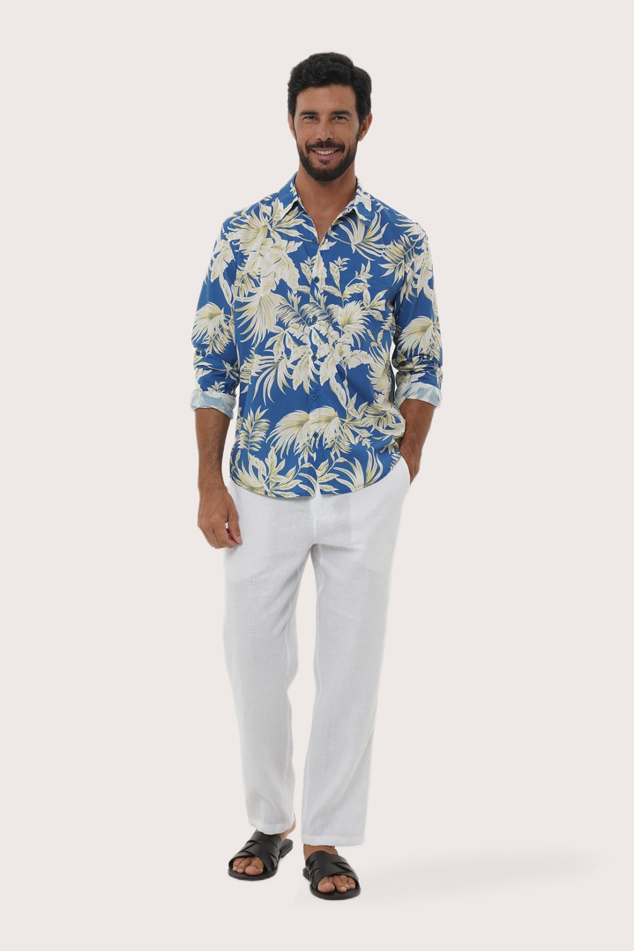 Front view of the Panta Cotton Shirt in Hibiscan Batik Blue print by By The Sea Bali