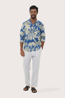 Front view of the Panta Cotton Shirt in Hibiscan Batik Blue print by By The Sea Bali