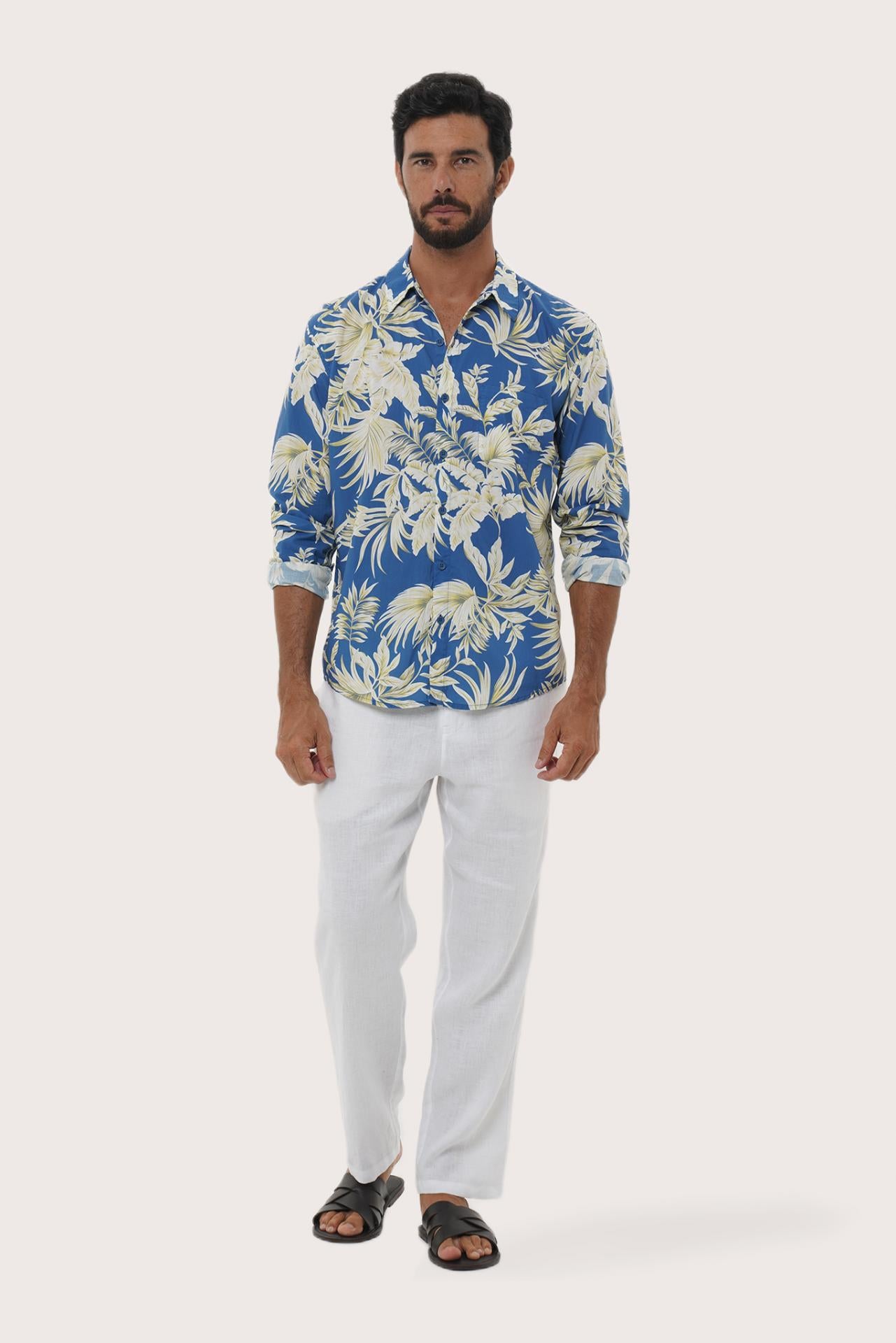 By The Sea Bali Panta Cotton Shirt in Autumn Blue Hibiscan Batik Blue — soft cotton shirt in a batik-inspired print