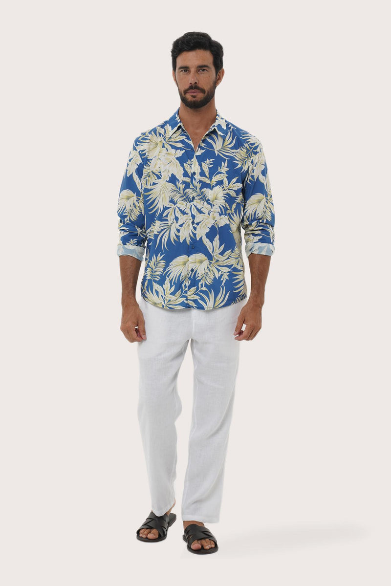 By The Sea Bali Panta Cotton Shirt in Autumn Blue Hibiscan Batik Blue — soft cotton shirt in a batik-inspired print