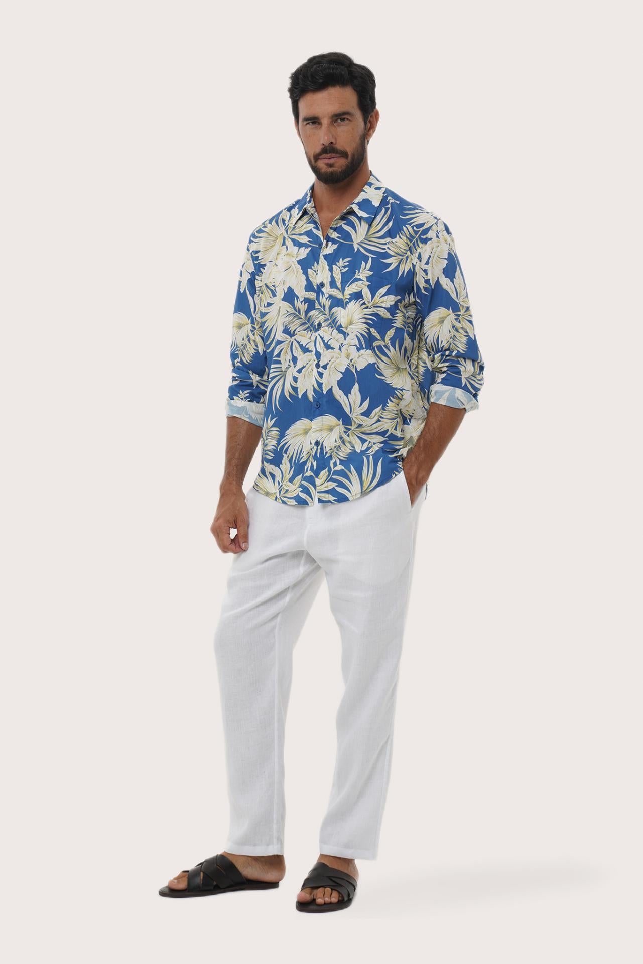 Close-up of the Hibiscan Batik Blue print on the Panta Cotton Shirt by By The Sea Bali