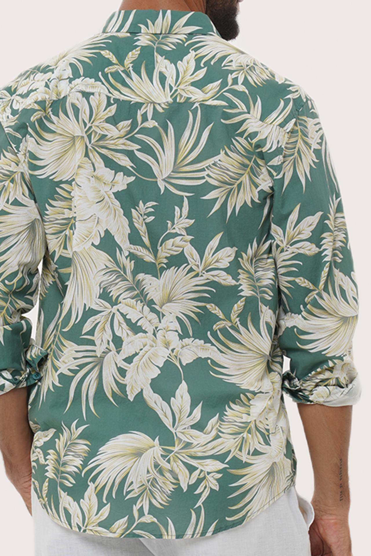 Men's resortwear styling featuring the Panta Cotton Shirt in Hibiscan Batik Green by By The Sea Bali