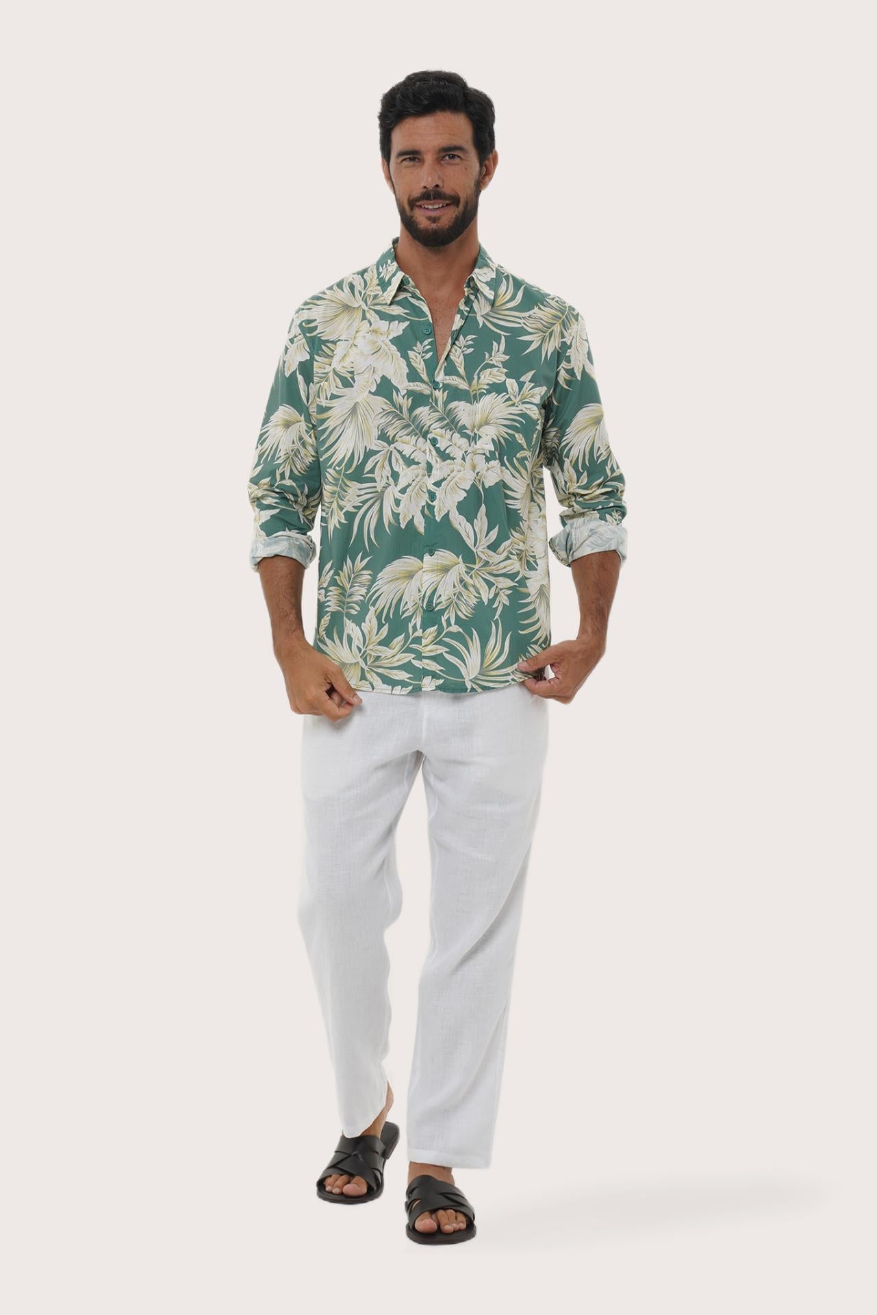 Front view of the Panta Cotton Shirt in Hibiscan Batik Green print by By The Sea Bali