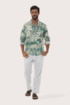 Front view of the Panta Cotton Shirt in Hibiscan Batik Green print by By The Sea Bali