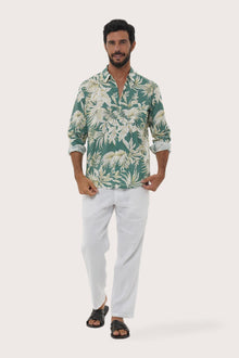 Front view of the Panta Cotton Shirt in Hibiscan Batik Green print by By The Sea Bali