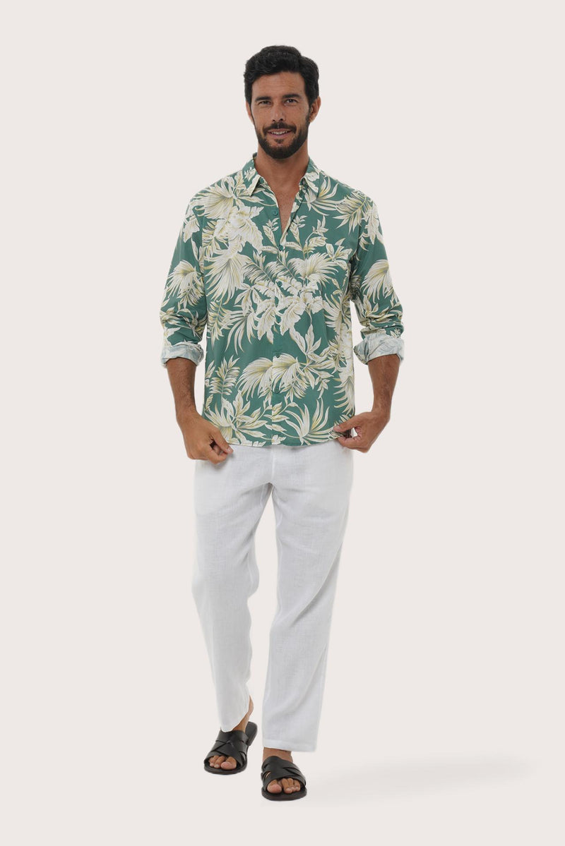 Front view of the Panta Cotton Shirt in Hibiscan Batik Green print by By The Sea Bali
