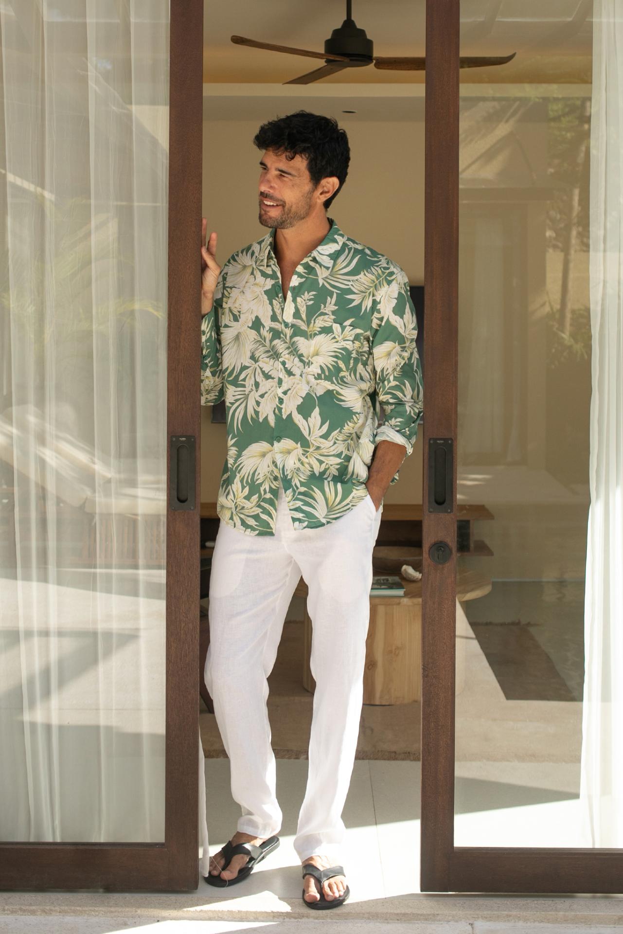 By The Sea Bali Panta Cotton Shirt in Autumn Blue Hibiscan Batik Green — soft cotton shirt in a batik-inspired print