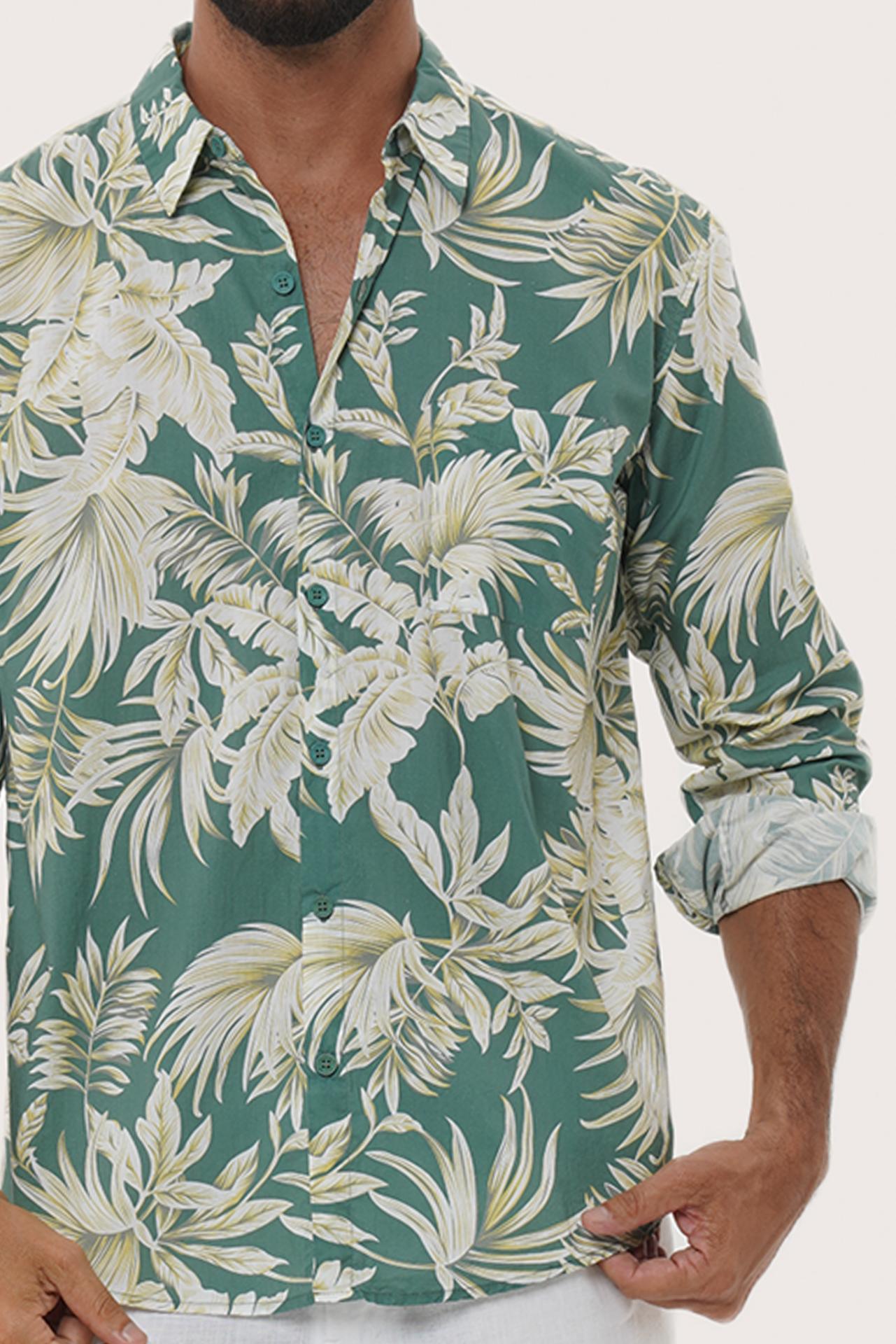 Collar and button-front detail of the Panta Cotton Shirt in Hibiscan Batik Green by By The Sea Bali