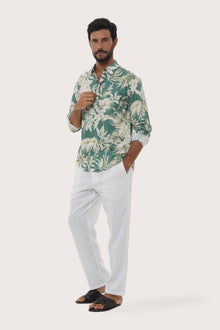 Close-up of the Hibiscan Batik Green print on the Panta Cotton Shirt by By The Sea Bali