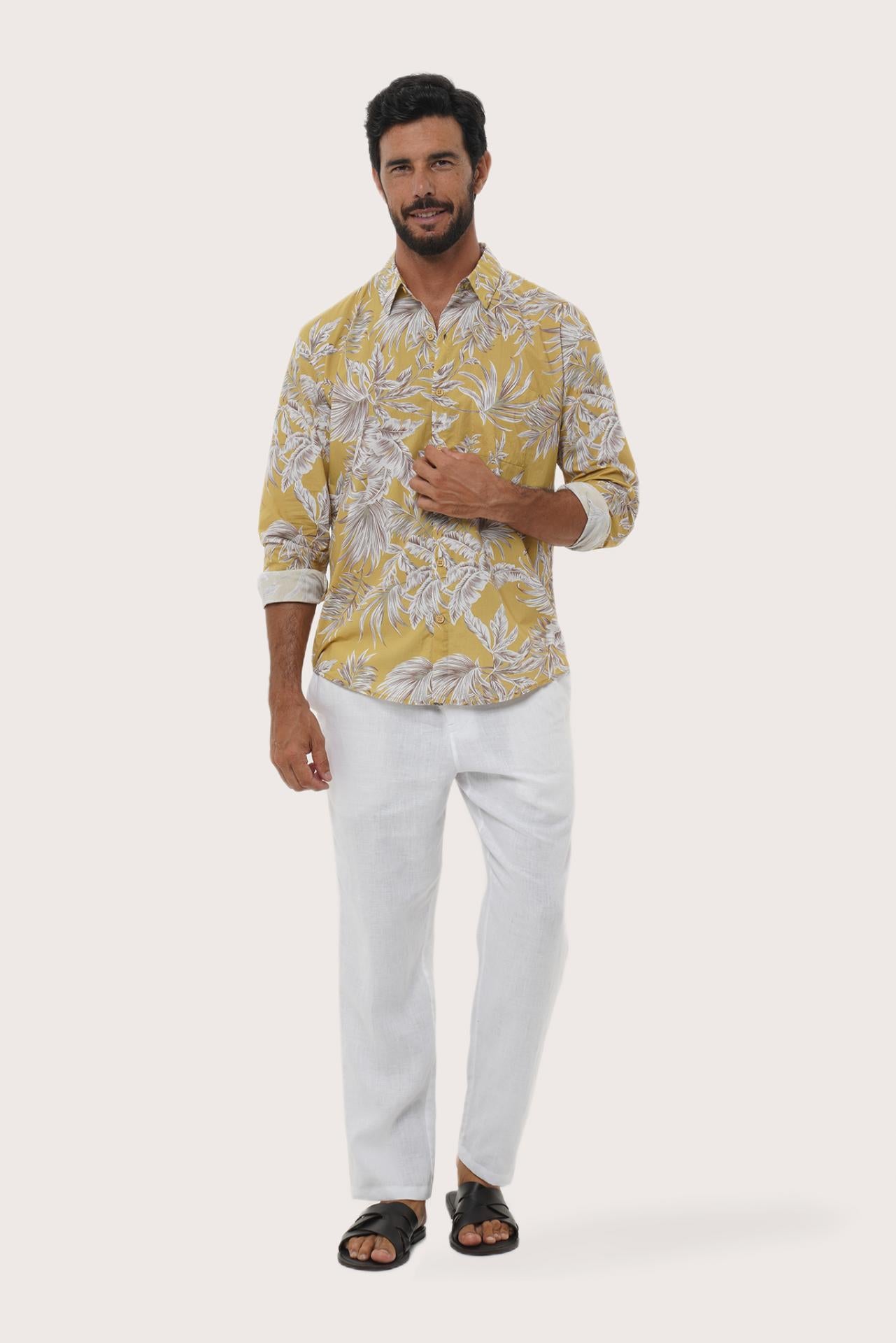 Front view of the Panta Cotton Shirt in Hibiscan Batik Yellow print by By The Sea Bali