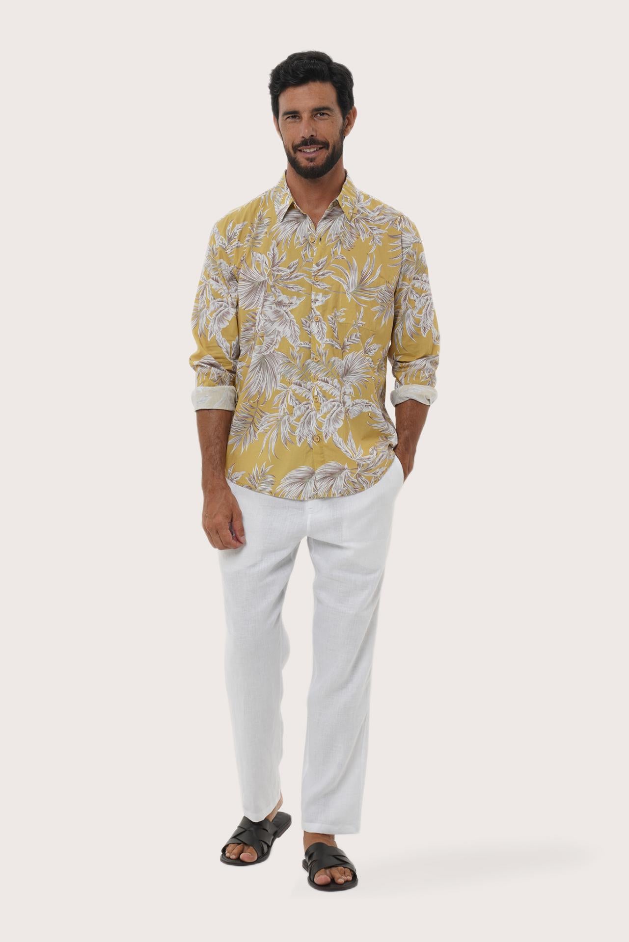 By The Sea Bali Panta Cotton Shirt in Autumn Blue Hibiscan Batik Yellow — soft cotton shirt in a batik-inspired print