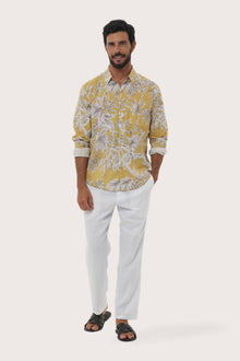 By The Sea Bali Panta Cotton Shirt in Autumn Blue Hibiscan Batik Yellow — soft cotton shirt in a batik-inspired print