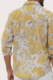 Men's resortwear styling featuring the Panta Cotton Shirt in Hibiscan Batik Yellow by By The Sea Bali