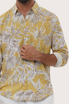 Collar and button-front detail of the Panta Cotton Shirt in Hibiscan Batik Yellow by By The Sea Bali