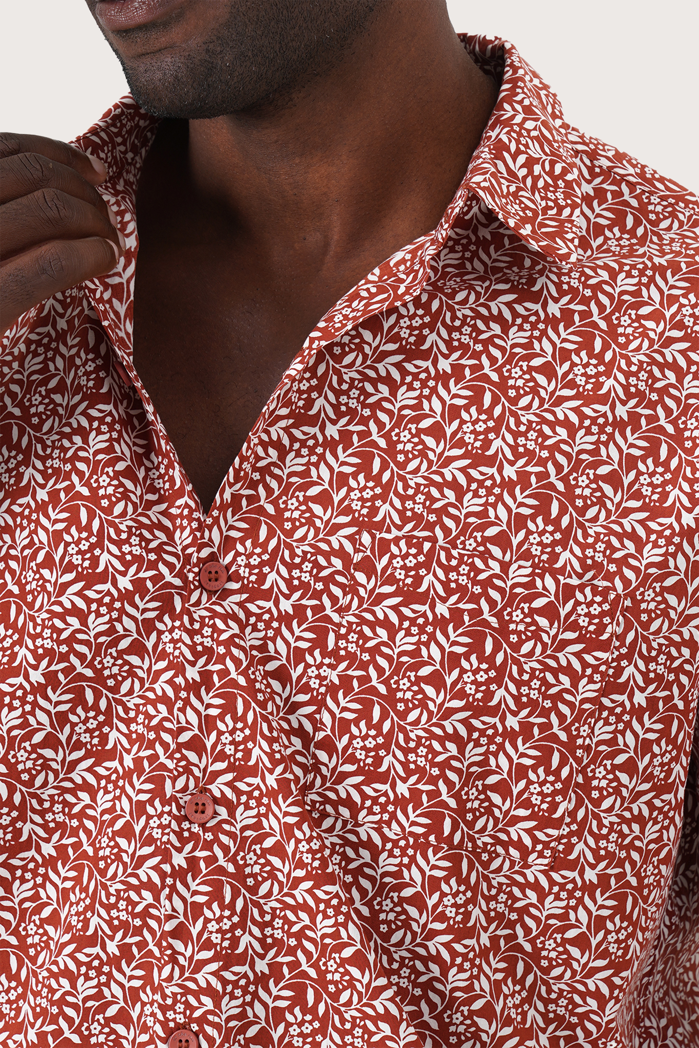 Close-up fabric and collar detail of the Panta Cotton Shirt Summer Flora Spring Bliss Brick by By The Sea Bali